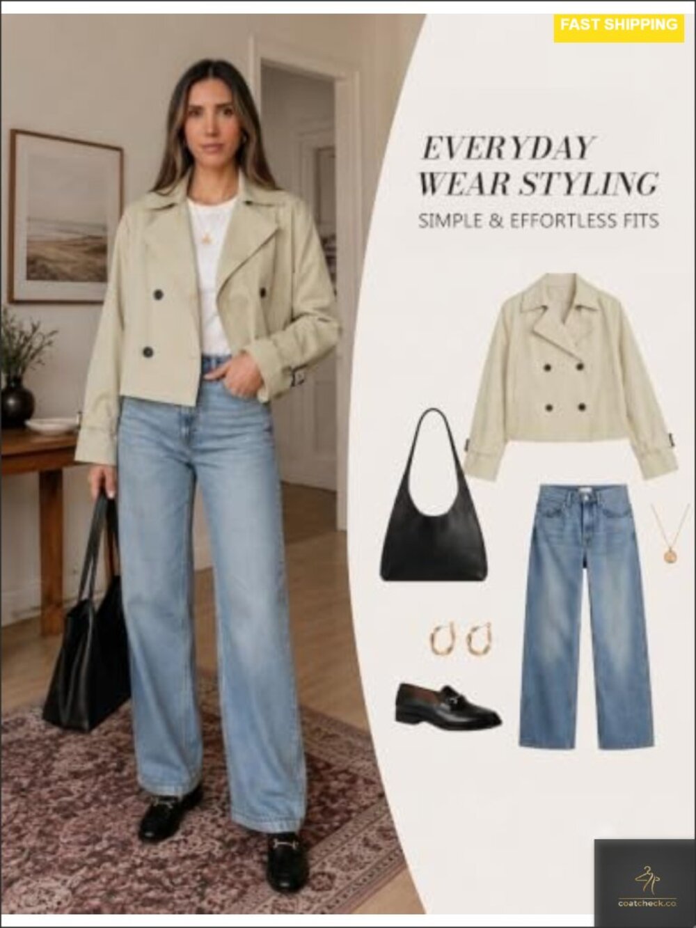 Cropped Trench Coat Double Breasted Lightweight Casual Jacket with Pockets Fall - Picture 4 of 6